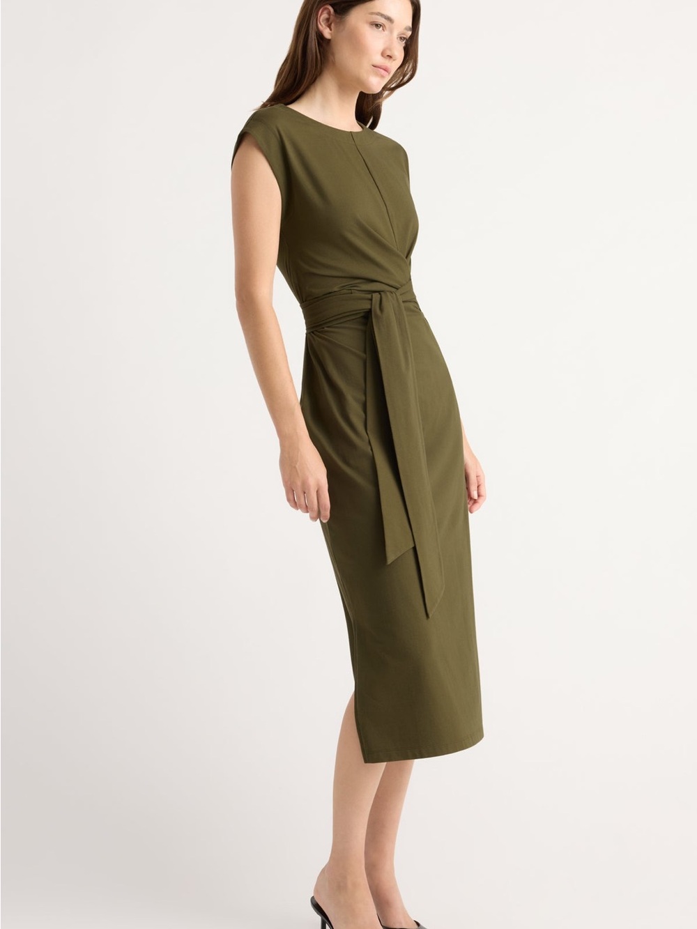 Modern Citizen Olive Green Cap Sleeve Fei Tie-Front Organic Cotton Dress Medium - Picture 3 of 10